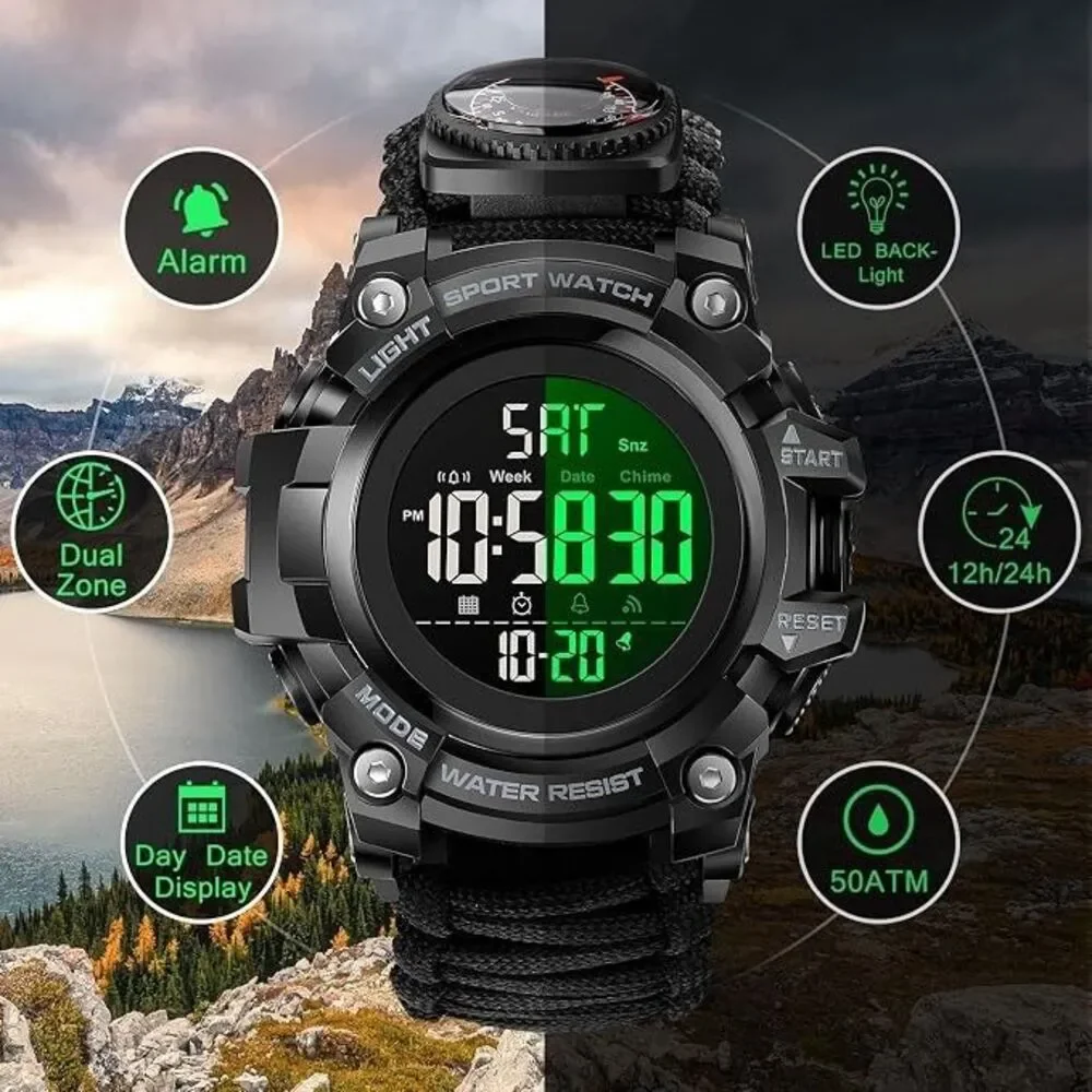 Men's Survival Military Digital Watch, 23-in-1 Tactical Paracord,LED Watch NEW